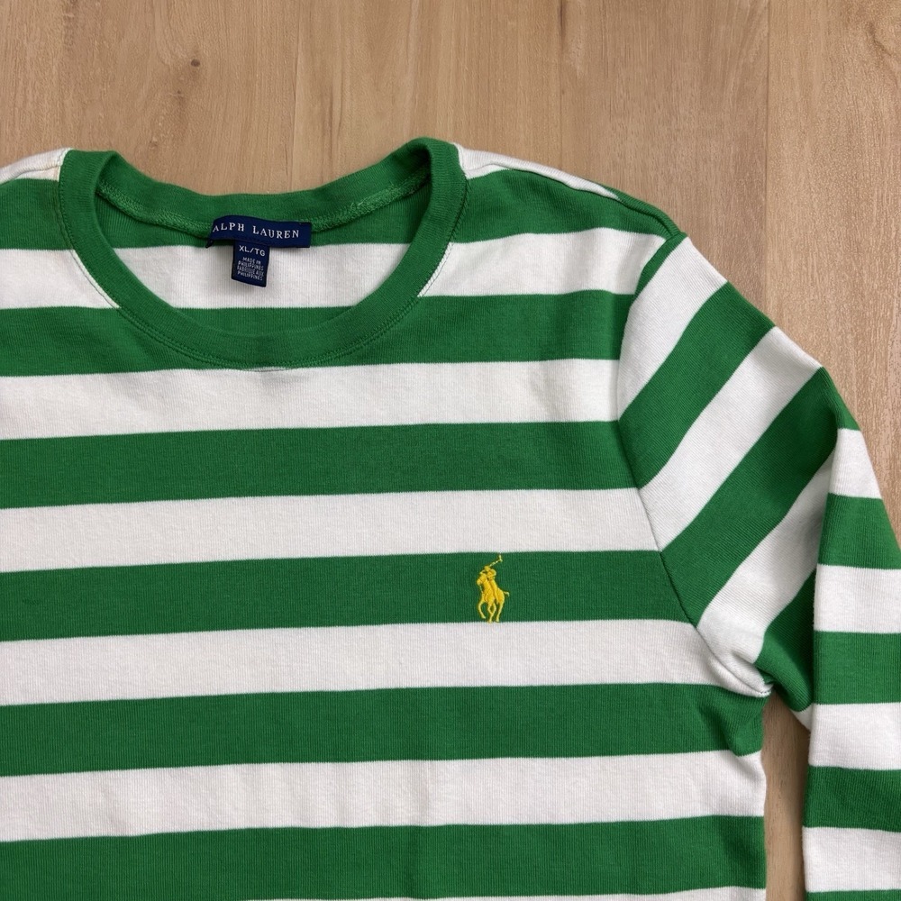 Ralph Lauren Girls Striped Long Sleeve Shirt XL Green And White - Picture 3 of 9